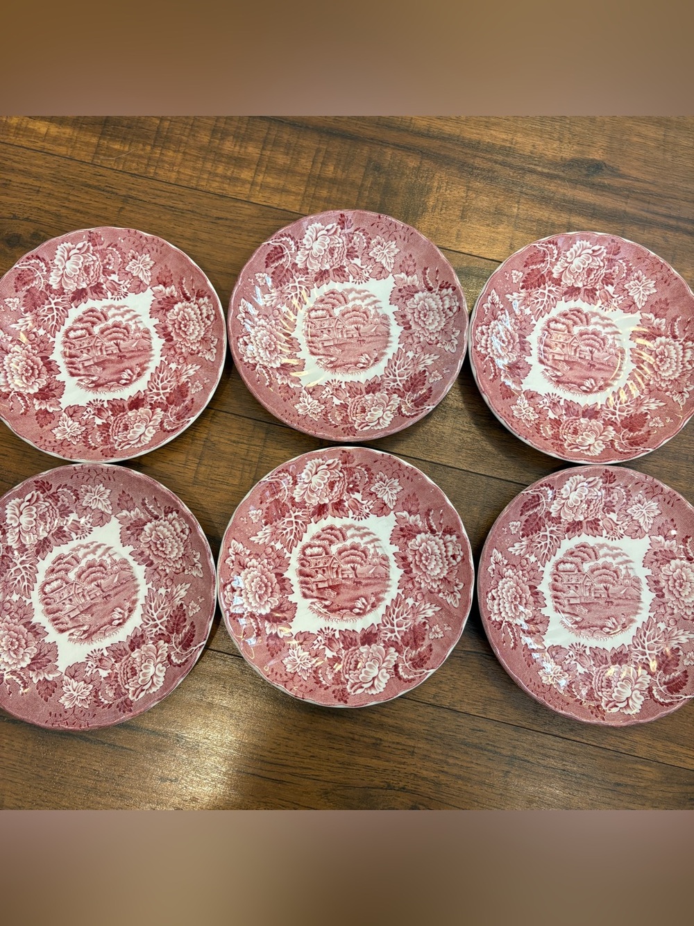 Set of 6 Vintage Enoch Woods English Scenery Pink Red Saucer Plates Wood & Sons